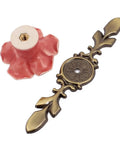 Ceramic Rose Cabinet Knobs With Bronze Backplates In Cute Pink Vintage Flower Drawer Pull Handles For Dresser Cupboard Wardrobe Includes Mounting Screws 4 Pack, showing a single pink rose knob and bronze backplate.