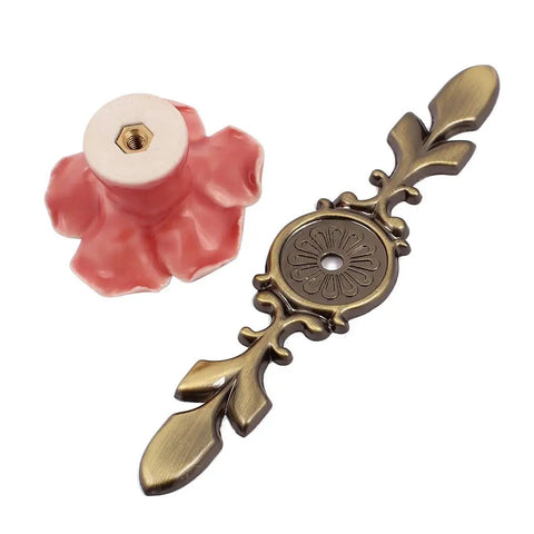 Ceramic Rose Cabinet Knobs With Bronze Backplates In Cute Pink Vintage Flower Drawer Pull Handles For Dresser Cupboard Wardrobe Includes Mounting Screws 4 Pack, showing a single pink rose knob and bronze backplate.