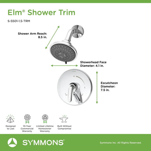 Elm Single Handle 5 Spray Shower Trim With Secondary Volume Control No Fuss Polished Chrome diagram with dimensions