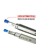 Beefy Heavy Duty 10 To 50 Inch Ball Bearing Three Fold Full Extension Drawer Slides With Lock For Smooth Quiet Operation Rust Resistant Electroplated And Powder Coated Finish Ideal For Cabinets And Heavy Load Drawers, lock lever detail