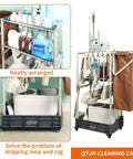 Heavy Duty Mobile Housekeeping Cart With Slick Rolling Wheels Built In Storage Shelves And Solid Broom Mop Holder showing neatly arranged cleaning supplies and mop.
