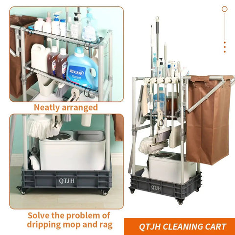Heavy Duty Mobile Housekeeping Cart With Slick Rolling Wheels Built In Storage Shelves And Solid Broom Mop Holder showing neatly arranged cleaning supplies and mop.
