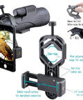 Universal Smartphone Telescope Adapter Mount for Quick Plug And Play Phone To Scope Setup with eyepiece and rubber-coated grip.