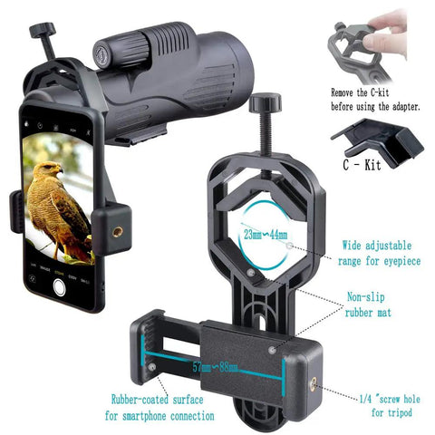 Universal Smartphone Telescope Adapter Mount for Quick Plug And Play Phone To Scope Setup with eyepiece and rubber-coated grip.