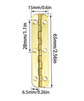 Six Pack 180 Degree Gold Rounded Corner Piano Hinges for Wooden Boxes and Small Cabinets With Screws, dimensions shown