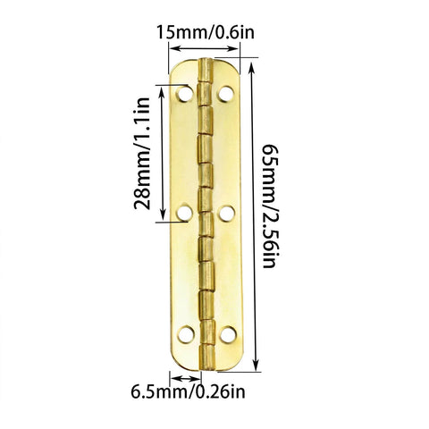 Six Pack 180 Degree Gold Rounded Corner Piano Hinges for Wooden Boxes and Small Cabinets With Screws, dimensions shown