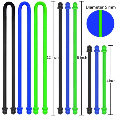 Silicone Cable Tie Set For Easy Cord Organization Including 4 Inch, 6 Inch, And 12 Inch Ties In Black Blue And Green Reusable Bundling Straps