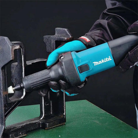Rugged 3.5 Amp 1/4 Inch Die Grinder, 25000 RPM Bad Job Whacker With Chill Barrel Grip in use on metal work.