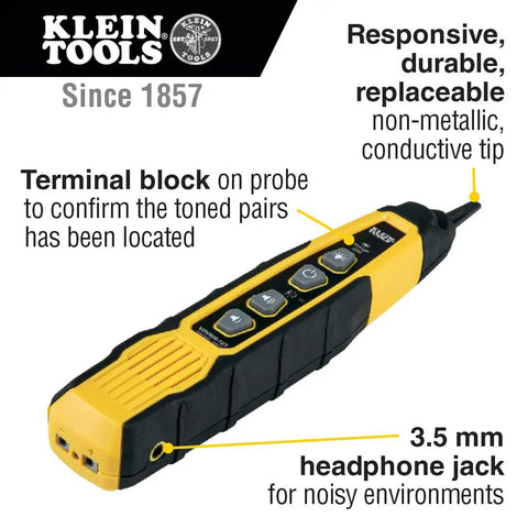 Klein Tools probe with non-metallic tip and headphone jack, part of Pro Grade Wire Tracer Tone Generator Kit for Ethernet cables.