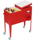 80 Quart Rolling Ice Chest With Wheels For Backyard BBQs And Parties, Patio Cooler in red with bottle opener and cap catcher