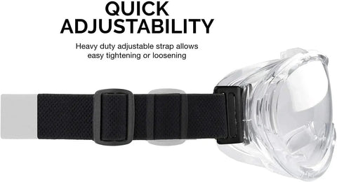Side view of Clear Protective Lab Safety Goggles For Chemistry And Work Anti Fog Splash Resistant Eye Gear with adjustable strap.