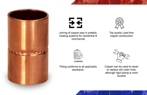 Solid Two Point Five Inch Straight Copper Coupling With Sweat Ends And Rolled Tube Stop showing copper construction for plumbing repairs.
