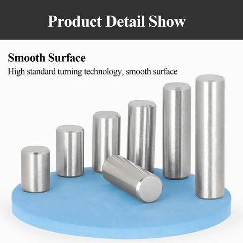 Stainless Steel Shelf Pins Set 100 Pcs on display with smooth surface, assorted dowel sizes on blue platform