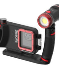 Underwater Photo And Video Light Beast 2500 Lumen COB LED with camera housing, showing 120-degree wide beam and grip handle.