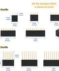 Diagram of 122 Piece 2.54Mm Header Pins Kit With 52 Short Female Pins, 50 Long Female Pins, measurements labeled, for Arduino DIY.