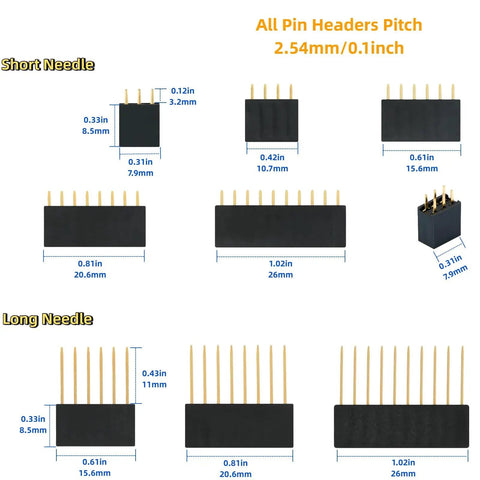 Diagram of 122 Piece 2.54Mm Header Pins Kit With 52 Short Female Pins, 50 Long Female Pins, measurements labeled, for Arduino DIY.