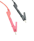 Red and black alligator clip wires from Back Probe Kit For Electrical Testing With 15 Back Probe Pins In 90 Degree, 135 Degree And Straight Angles, 5 Banana Plug To Alligator Clip Wires, One Meter Length, And 2 Nickel Plated Alligator Clips.