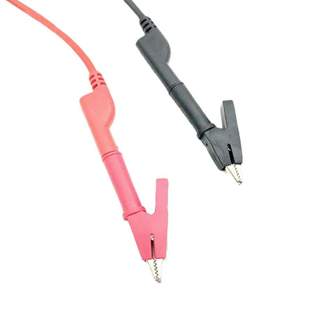 Red and black alligator clip wires from Back Probe Kit For Electrical Testing With 15 Back Probe Pins In 90 Degree, 135 Degree And Straight Angles, 5 Banana Plug To Alligator Clip Wires, One Meter Length, And 2 Nickel Plated Alligator Clips.