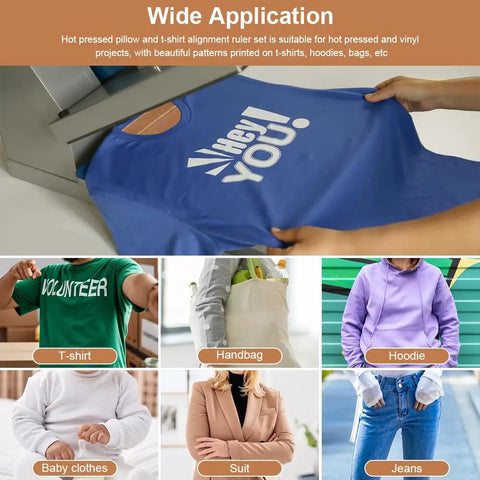 Heat Press Pillow Set 9 Pieces In 1 With Four Size Cushions And Five T Shirt Ruler Guides for various clothing and accessories.