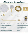 All parts of Brushed Gold Shower System With 12 Inch High Pressure Shower Head And 3 Setting Handheld Combo
