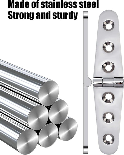 Tough As Nails Heavy Duty Strap Hinges, 1 Pair Real Deal Stainless Steel Marine Grade Hardware, Three Mounting Holes shown with polished steel rods.