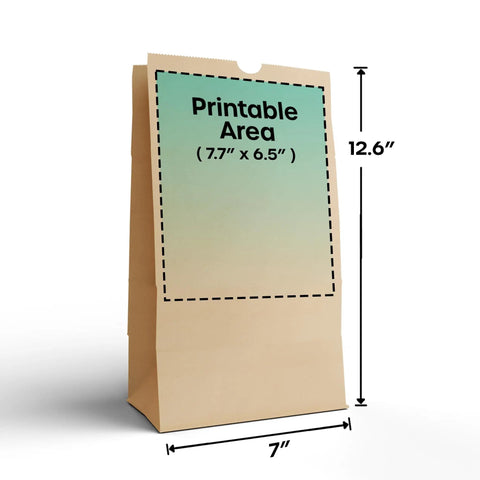 Custom Kraft SOS Bags With No Handles, 12 Pound Capacity, 100 Count, Full Color Printing For Branding, dimensions shown