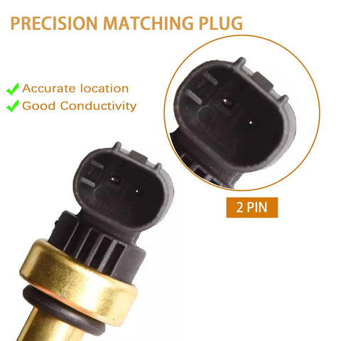 Engine coolant temperature sensor with 2-pin plug, black housing and brass probe, displayed in close-up and side view.