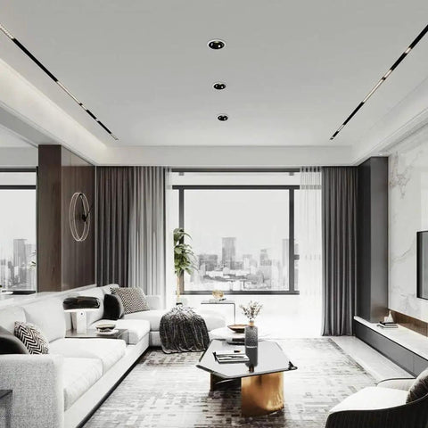 UBNMIUBV 9 Pack White Aluminum Led Recessed Lighting Kits - 8W, 10W, 12W, 15W, 20W Adjustable Downlights in modern living room.