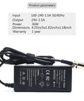 24V Razor Scooter Battery Charger With DC 24V 1.5A Output For E-series showing input, output, power, and dimensions