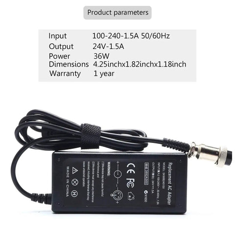24V Razor Scooter Battery Charger With DC 24V 1.5A Output For E-series showing input, output, power, and dimensions