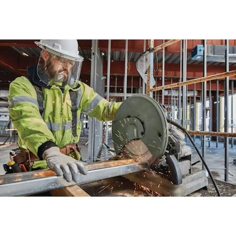 Worker using 14 Inch Segmented Rim Diamond Edge Cutoff Wheel For Metal For Cutoff Saws Dry Or Wet Use 4300 RPM 1 Inch Arbor