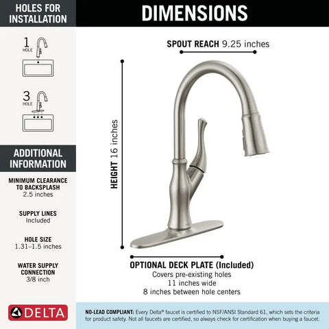 Dimensions of Modern Single Handle Kitchen Sink Faucet With Smooth As Silk Pull Down Sprayer In Grime Resistant Brushed Nickel.