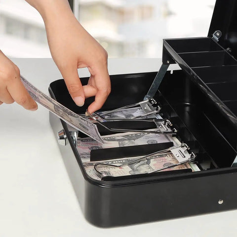 Locking Cash Box With Money Tray And Security Cable, Heavy Duty Metal Safe for tips and cash, with key lock and open compartments