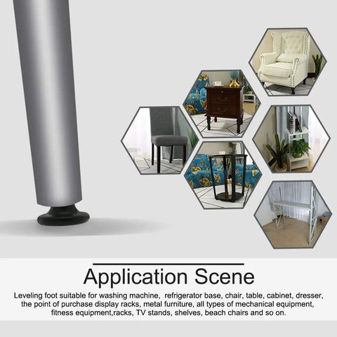 M8 Threaded Furniture Glide Leveling Feet with application scenes for chairs, cabinets, and shelves