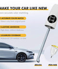 Snow White Pearl Touch Up Paint For Kia - Quick Easy Scratch Fix Kit With Color Matched 2 In 1 Scratch Remover Pen Exact Shade SWP VIN And Paint Code Tips For A No Hassle Auto Body Touch Up, showing brush pen next to a car.