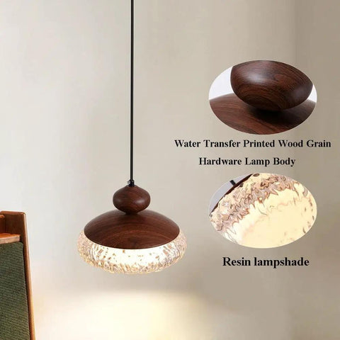 Wood Grain Pendant Light, 3 Color LED Resin Hanging Fixture for Bedroom with textured resin lampshade and walnut grain design.