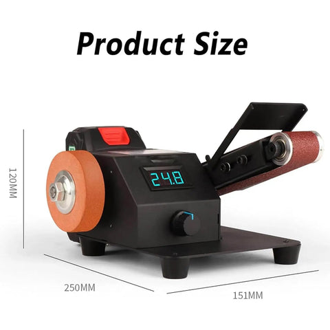 Multifunctional Electric Belt Sander Grinder With 10 Belts, 7-Speed Adjustable Motor For Metal Polishing And Sanding showing dimensions 250mm x 120mm x 151mm.