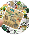 Close-up of 50 Piece Waterproof Geocaching Stickers Pack Vinyl Decals For Water Bottles Laptops Luggage Bicycles Skateboards Computers And More Rad Adventure Gear Decor