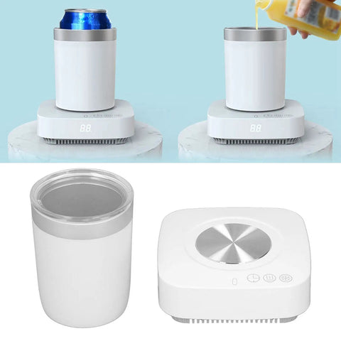 Compact Electric Cup Cooler And Warmer With Triple Temp Settings showing cooling and heating functions with a 450ml mug.