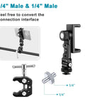 1/4 Inch Male To Male Tripod Screw Adapter with clamp and connectors showing robust aluminum alloy construction, ideal for camera gear.