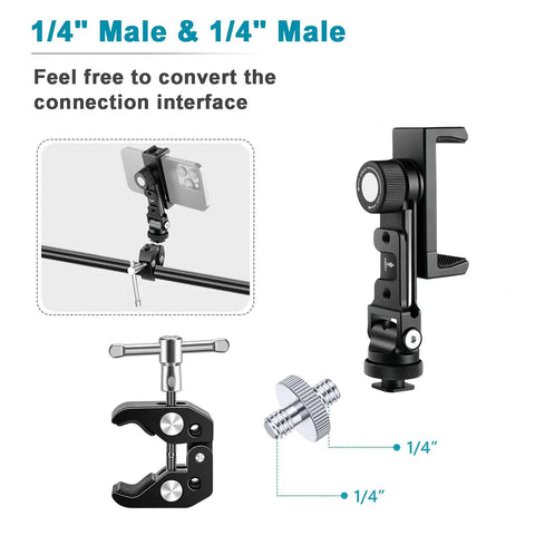 1/4 Inch Male To Male Tripod Screw Adapter with clamp and connectors showing robust aluminum alloy construction, ideal for camera gear.