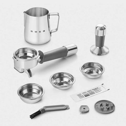 Top Shelf Semi Automatic Espresso Machine In Matte Black With Integrated Conical Burr Grinder And Adjustable Grind Settings For Killer Single Double Shots Featuring Pressure Gauges And Smooth Home Barista Operation accessories set including stainless steel jug, portafilter, and tamping tool.