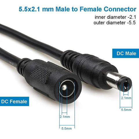Two Pack 10 Foot DC Extension Cords Universal Power Cable For Security Cameras LED Strips CCTV IP Surveillance 12V 5V 9V 24V Plug Male To Female Durable Heavy Duty Cables 5.5x2.1mm black