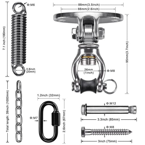 Diagram of Beefed Up Hammock Chair Hanging Kit With Stainless Steel 304 Swing Hanger Silent Swivel Bearings Heavy Spring And Chain Ceiling Mount
