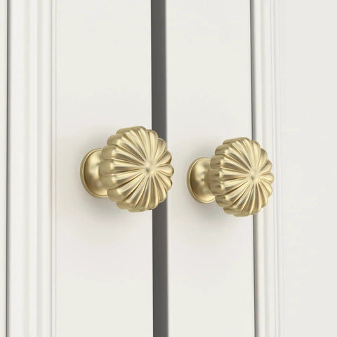 10 Pack Gold Cabinet Knobs Set for Dresser and Drawer Hardware, Luxury Pulls, Zinc Alloy, Heavy Duty Handles, Petal Style Design