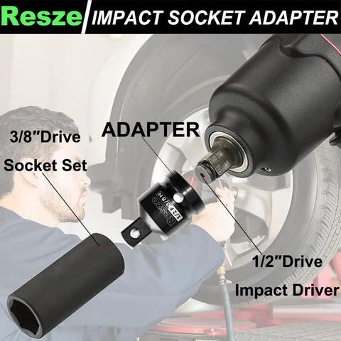 2 Pack Impact Socket Adapter And Reducer Set 1/2 To 3/8 Drive Square Adapter with Breaker Bar Wrench Conversion shown in use