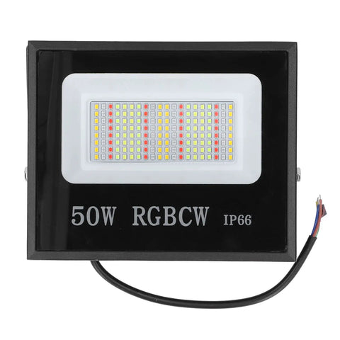 Onythral LED Flood Light, 50W RGB floodlight with a black housing, designed for outdoor use, IP66 rated, bright lighting.
