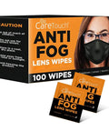 Front view of Care Touch anti-fog lens wipes box with 100 wipes and two sachets