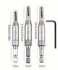 Three Piece Self Centering Hinge Drill Bit Set for Woodworking with high speed steel bits, includes 7/64, 9/64, 11/64 sizes.