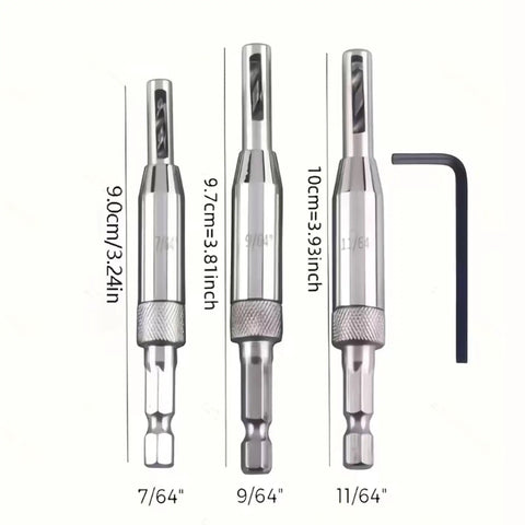 Three Piece Self Centering Hinge Drill Bit Set for Woodworking with high speed steel bits, includes 7/64, 9/64, 11/64 sizes.